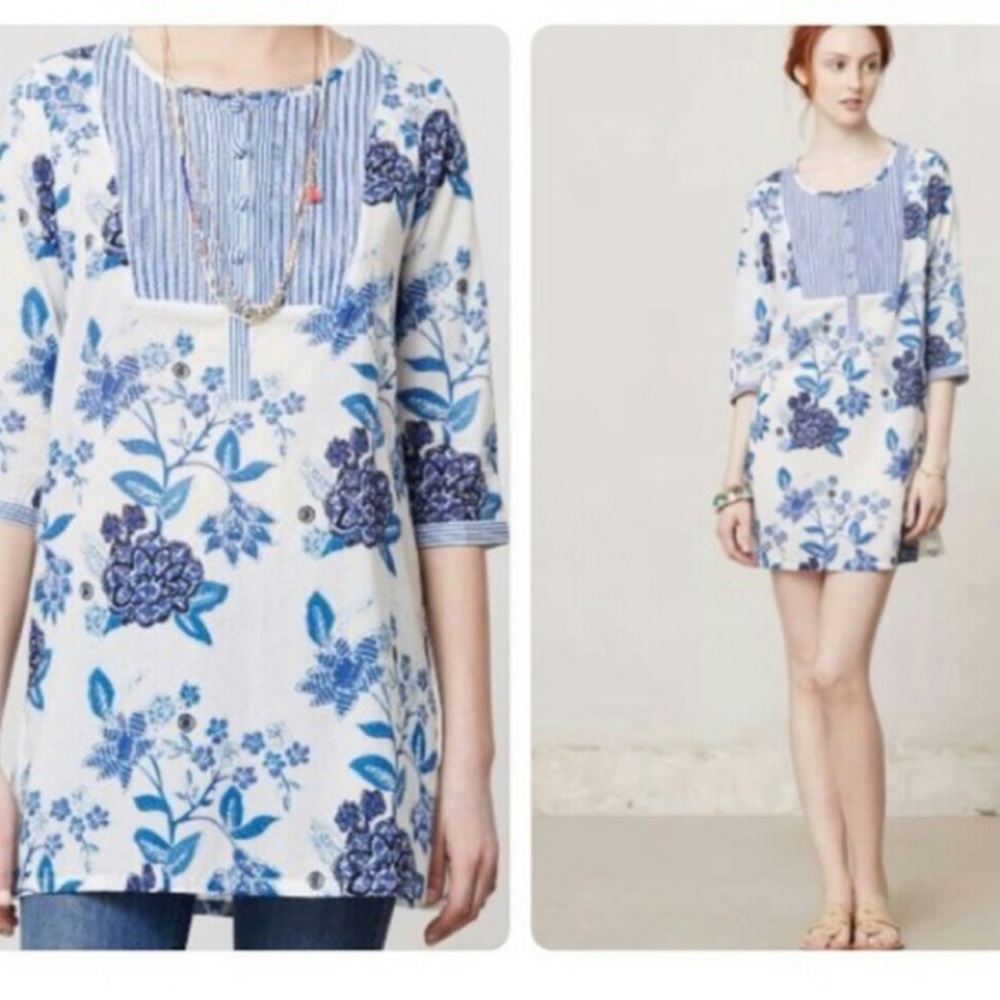 Anthropologie Boho Tunic Mermaid Holly Print Blouse Blue/White Sz XS